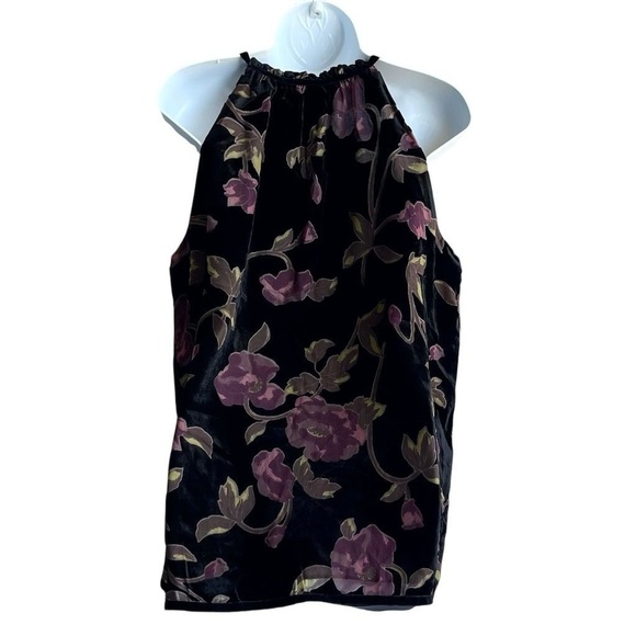 Max Studio Burnout Velvet Floral Tank Top Women's Size L Black Halter - Picture 2 of 2